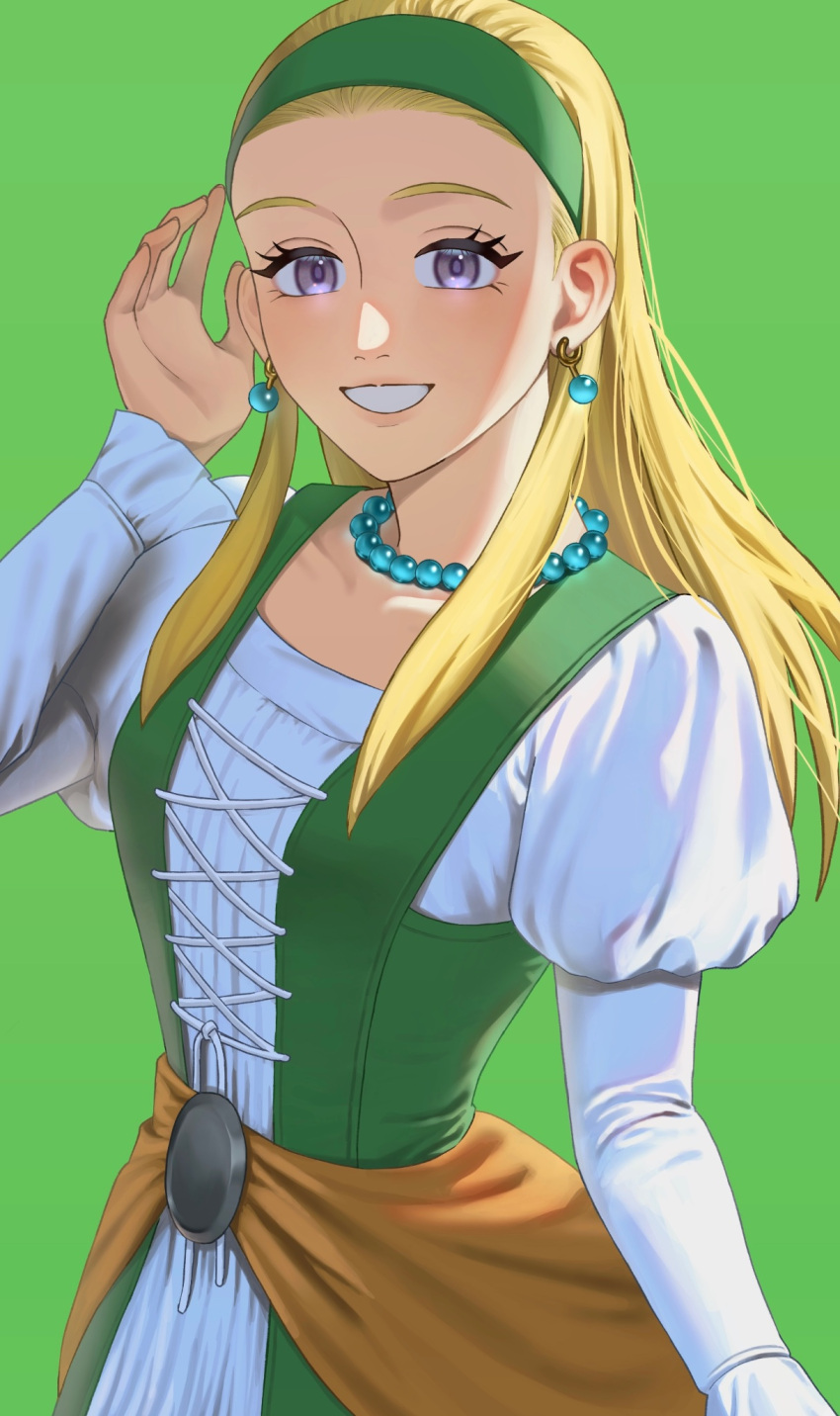 1girl blonde_hair dragon_quest dragon_quest_xi dress earrings green_background green_hairband hairband highres jewelry jimaku_726 long_hair looking_at_viewer necklace purple_eyes senya_(dq11) simple_background smile solo upper_body