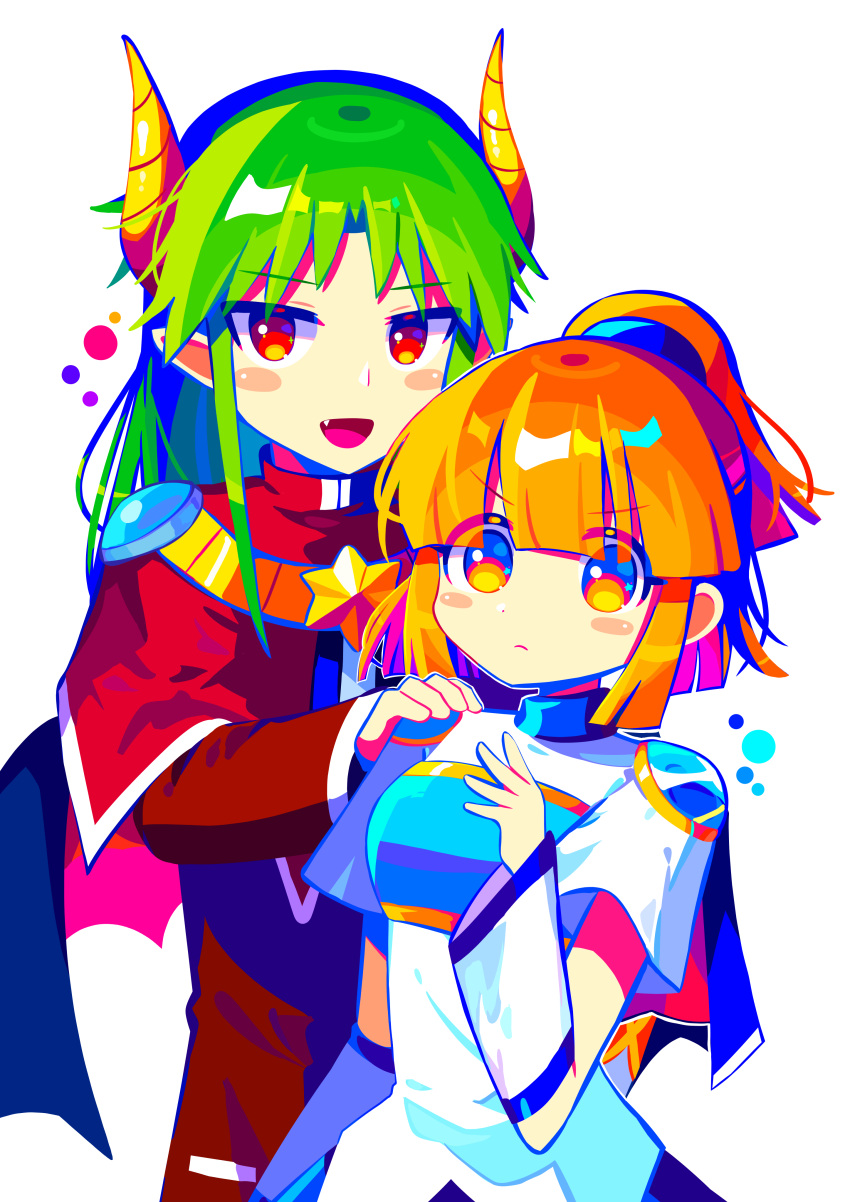 1boy 1girl absurdres arle_nadja brown_eyes brown_hair closed_mouth demon_horns fang green_hair grey_hair hand_on_another's_shoulder highres horns long_hair long_sleeves looking_at_viewer offbeat open_mouth puyopuyo red_eyes satan_(puyopuyo) short_hair short_ponytail short_sleeves simple_background white_background