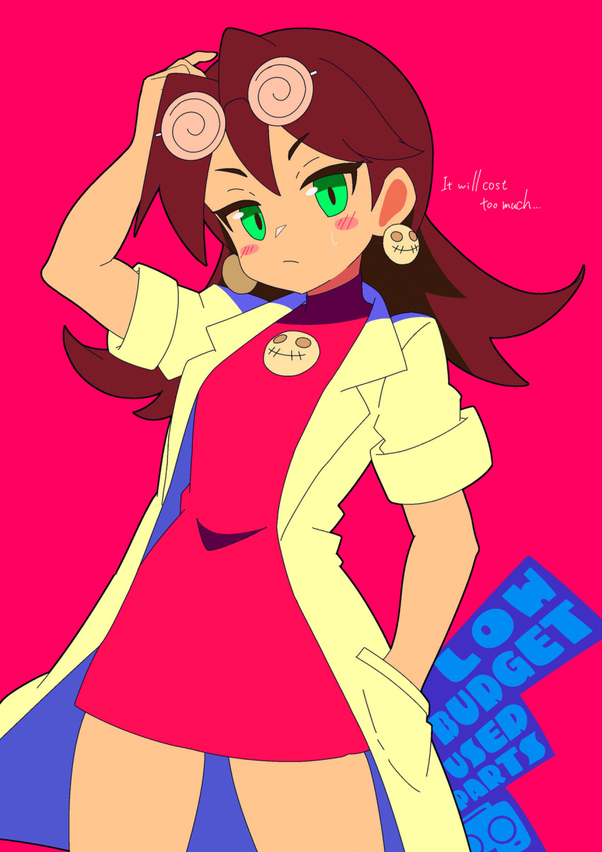 1girl arm_up blush blush_stickers breasts brown_hair closed_mouth coke-bottle_glasses deviantart_sample dress earrings english_text eyewear_on_head glasses green_eyes hand_in_pocket highres image_sample jewelry lab_coat looking_at_viewer medium_hair mega_man_(series) mega_man_legends_(series) pink_background pink_dress round_eyewear skull_earrings small_breasts solo standing thighs tron_bonne_(mega_man) yodok