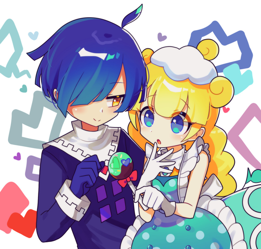 1boy 1girl absurdres ahoge black_gloves blonde_hair blue_eyes blue_hair brown_eyes closed_mouth gloves hair_over_one_eye heart highres long_sleeves looking_at_another marle_(puyopuyo) offbeat open_mouth puyopuyo puyopuyo_tetris short_hair squares_(puyopuyo) white_gloves