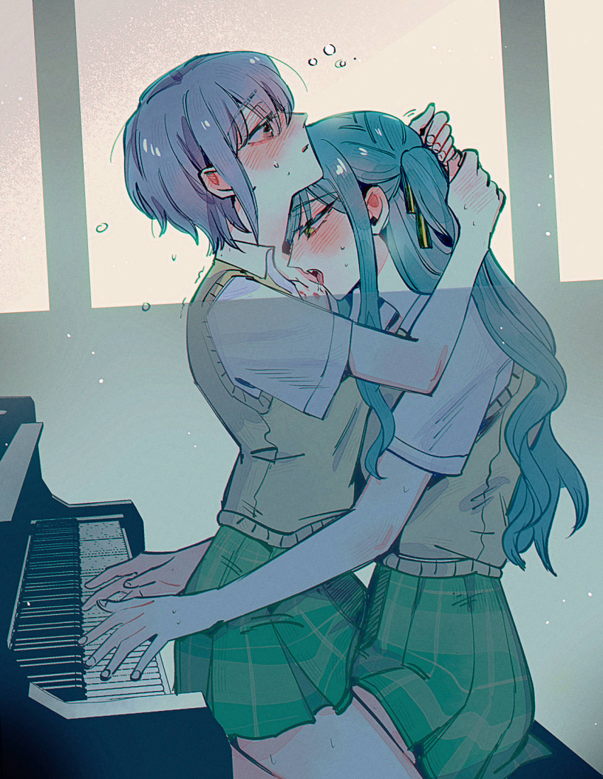 2girls bang_dream! bang_dream!_it's_mygo!!!!! blue_hair blush brown_sweater_vest commentary green_skirt hands_on_another's_head haneoka_school_uniform hickey highres indoors instrument maybecrosswise multiple_girls music parted_lips plaid plaid_skirt playing_instrument playing_piano pleated_skirt purple_eyes purple_hair school_uniform shirt short_hair short_sleeves sitting sitting_on_lap sitting_on_person skirt sweat sweater_vest takamatsu_tomori togawa_sakiko tongue tongue_out two_side_up unbuttoned unbuttoned_shirt white_shirt yellow_eyes yuri