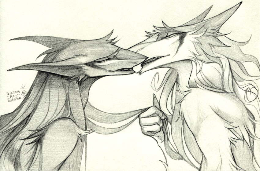 4_fingers claws duo fingers graphite_(artwork) hair imminent_kiss long_hair narrowed_eyes open_mouth pencil_(artwork) raesheris restricted_palette sergal sharp_teeth side_view sketch teeth traditional_media_(artwork)