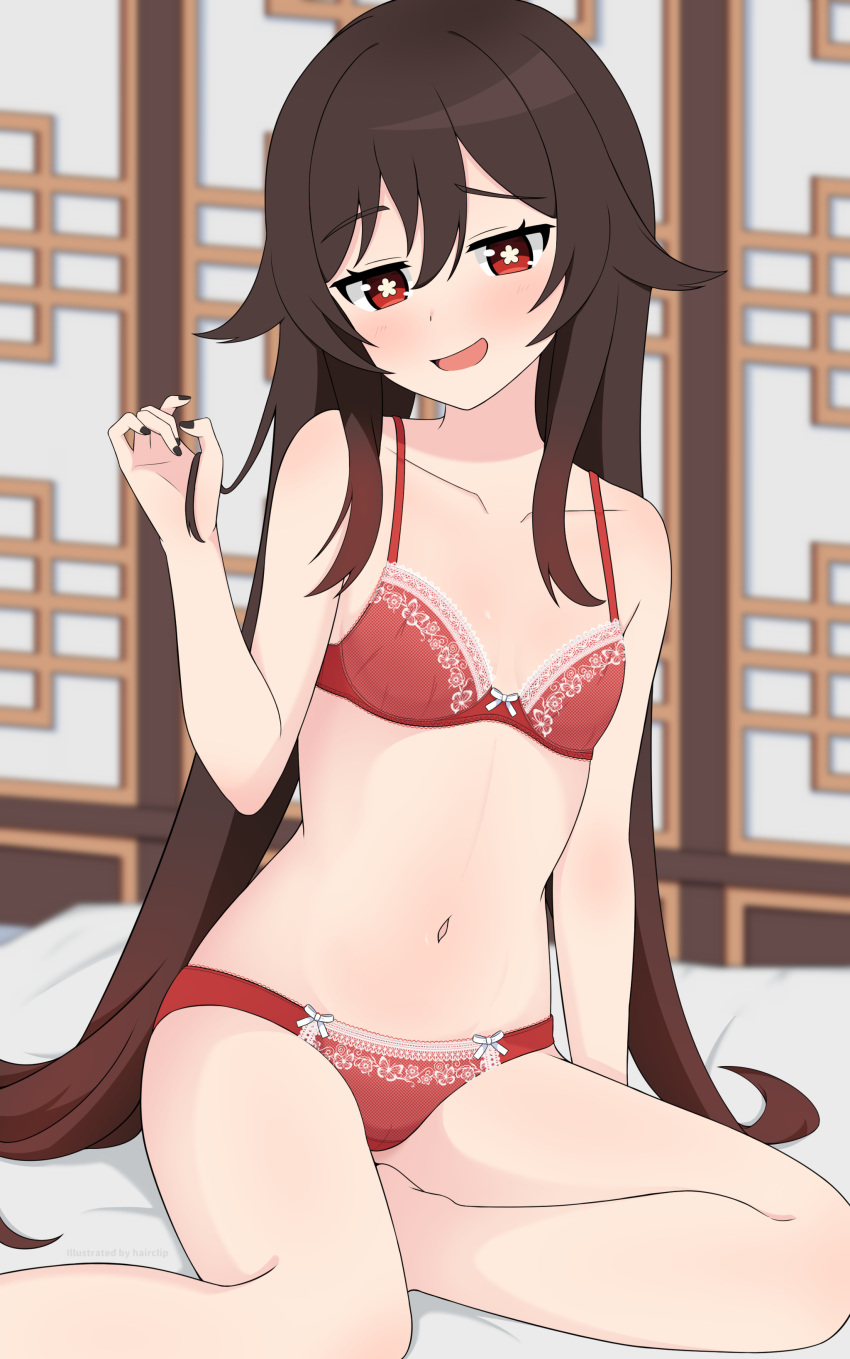 1girl absurdres bare_shoulders bed black_nails blush bow bow_bra bow_panties bra breasts brown_hair collarbone flower-shaped_pupils genshin_impact hair_between_eyes hairclip_(user_rasc5457) highres hu_tao_(genshin_impact) long_hair looking_at_viewer navel open_mouth panties red_bra red_eyes red_panties sitting small_breasts smile solo symbol-shaped_pupils twintails underwear underwear_only very_long_hair yokozuwari