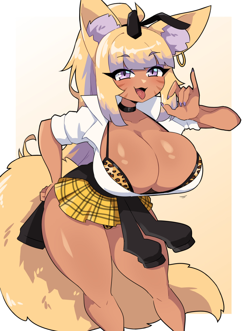 1girl absurdres animal_ear_fluff animal_ears animal_print blonde_hair bra breasts choker cleavage clothes_around_waist commission cosplay daigada dark-skinned_female dark_skin ear_piercing facial_mark fellatio_gesture fox_ears fox_girl fox_tail goddess_of_victory:_nikke gyaru hand_on_own_hip highres jacket jacket_around_waist large_breasts leopard_print long_hair microskirt open_mouth original panties pantyshot partially_unbuttoned piercing ponytail purple_eyes purple_nails rupee_(nikke) rupee_(nikke)_(cosplay) shirt simple_background skirt smile solo tail thick_thighs thighs tongue tongue_out underwear very_long_hair white_shirt