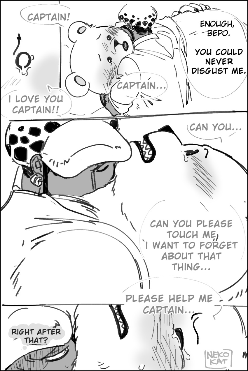 2024 anthro bear bepo_(one_piece) black_border blush bodily_fluids border clothing comic crying dialogue duo ear_piercing ear_ring english_text eyes_closed hat headgear headwear hi_res human male mammal minkmen_(one_piece) monochrome nekokat42 one_piece overweight piercing polar_bear ring_piercing shirt tears text topwear trafalgar_law ursine