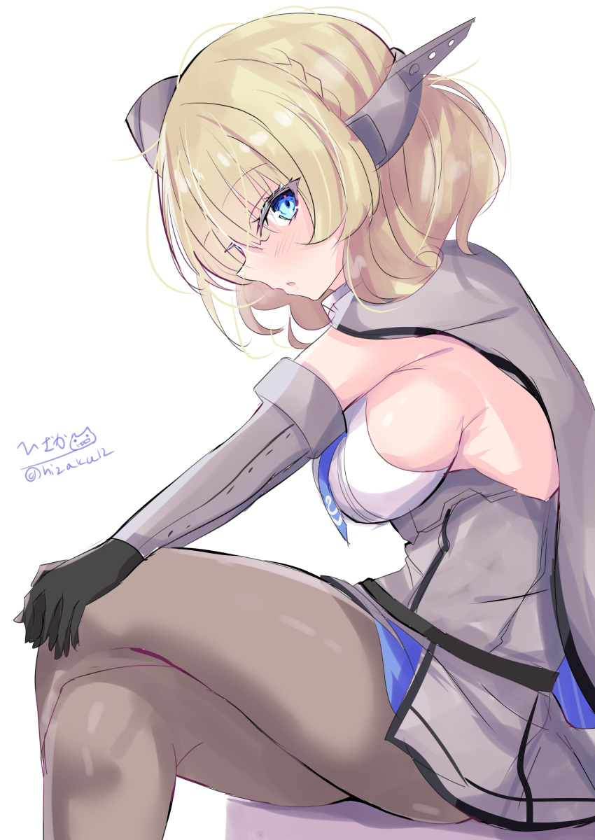 1girl absurdres artist_logo black_pantyhose blonde_hair blue_necktie braid breasts capelet colorado_(kancolle) dress elbow_gloves feet_out_of_frame garrison_cap gloves grey_capelet grey_dress grey_gloves grey_hat hat headgear highres hizaka kantai_collection looking_at_viewer necktie one-hour_drawing_challenge pantyhose profile short_hair side_braids sideboob sideless_shirt simple_background sitting solo white_background