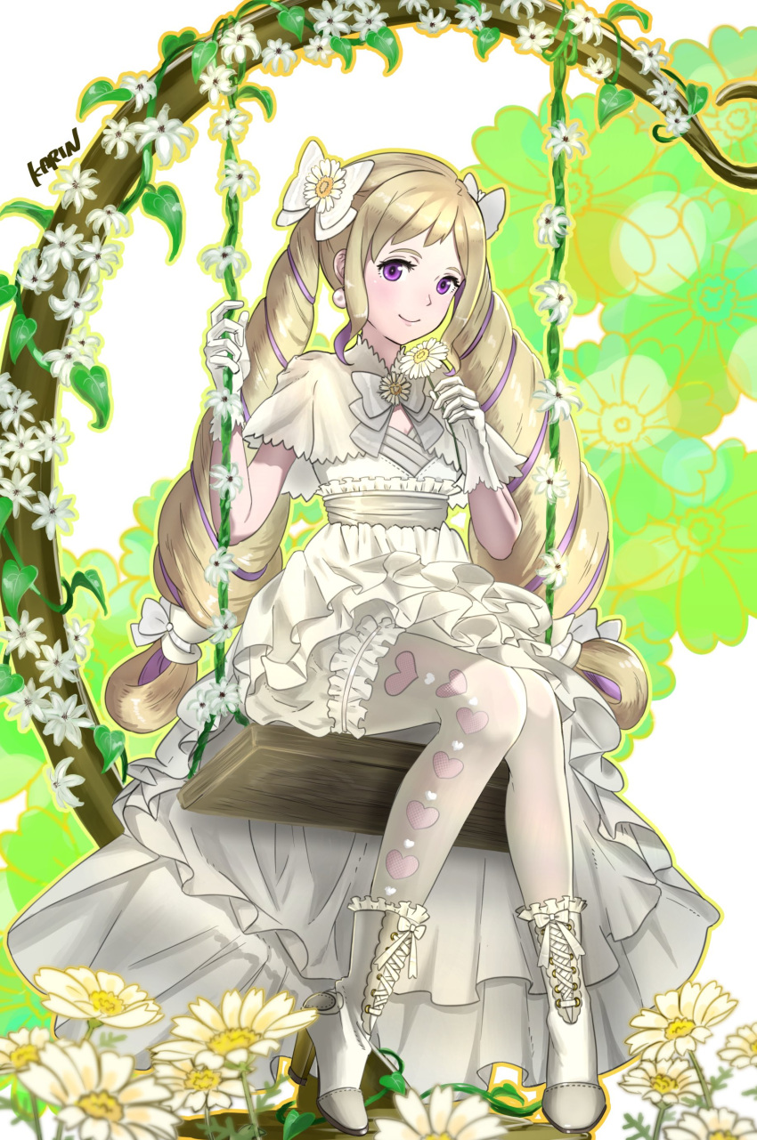 1girl 6nutqd2kwd0iqcl absurdres aristocratic_clothes blonde_hair bow dress drill_hair elise_(fire_emblem) fire_emblem fire_emblem_engage fire_emblem_fates hair_bow highres multicolored_hair purple_eyes purple_hair streaked_hair twin_drills twintails white_dress