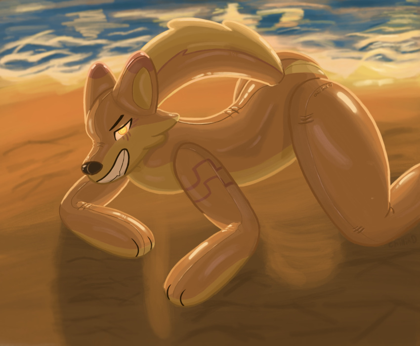 anthro beach bedroom_eyes canid canine canis chilliad chilliad_(oc) detailed_background dingo glistening glistening_body glowing glowing_eyes hi_res humanoid laying_on_ground living_pool_toy male mammal narrowed_eyes orange_body pool_toy sand seductive smug_face solo sunset tail water