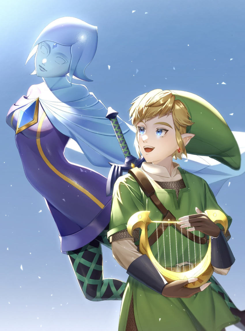1boy 1girl blonde_hair blue_eyes blue_skin blue_sky colored_skin fi_(zelda) fingerless_gloves flying gloves green_tunic harp hat highres instrument jimaku_726 link looking_at_another open_mouth pantyhose pointy_ears sky smile sword sword_on_back the_legend_of_zelda the_legend_of_zelda:_skyward_sword weapon weapon_on_back