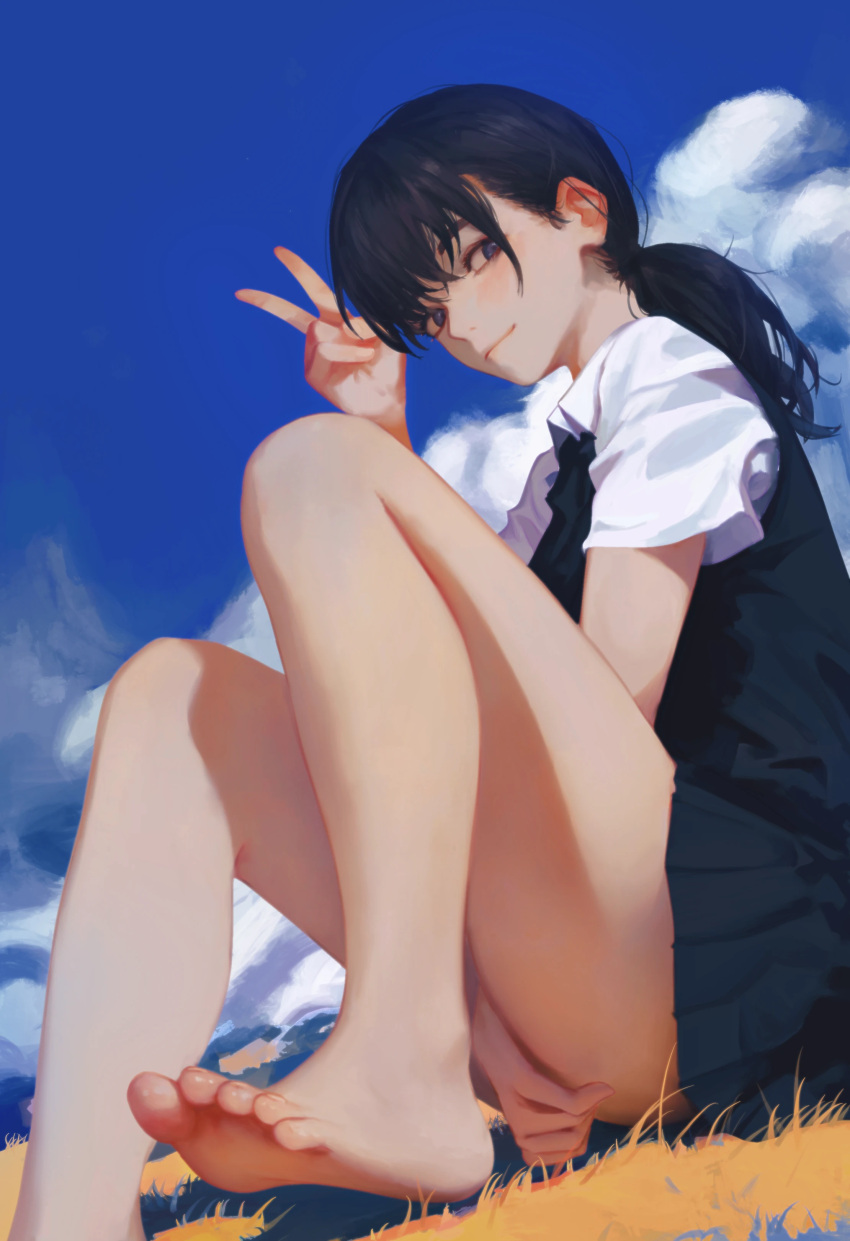 1girl absurdres barefoot between_legs black_dress black_eyes black_hair blue_sky chainsaw_man closed_mouth cloud collared_shirt commentary_request dress feet foot_out_of_frame fourth_east_high_school_uniform hand_between_legs hand_on_own_crotch highres legs looking_at_viewer mitaka_asa on_grass outdoors pinafore_dress ponytail school_uniform shirt short_sleeves sitting sky sleeveless sleeveless_dress solo thighs v white_shirt yao_liao_wang