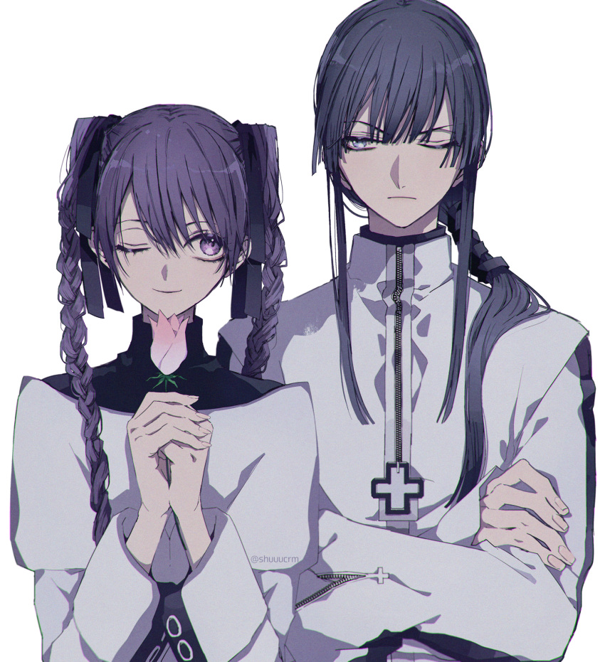 1boy 1girl achpyu black_hair black_ribbon blue_eyes braid braided_ponytail cross crossed_arms d.gray-man facing_viewer flower frown hair_between_eyes hair_ribbon highres holding holding_flower juliet_sleeves kanda_yuu lenalee_lee long_bangs long_hair long_sleeves looking_at_another one_eye_closed own_hands_together pink_flower ponytail puffy_sleeves purple_eyes purple_hair ribbon smile twin_braids twitter_username upper_body white_background