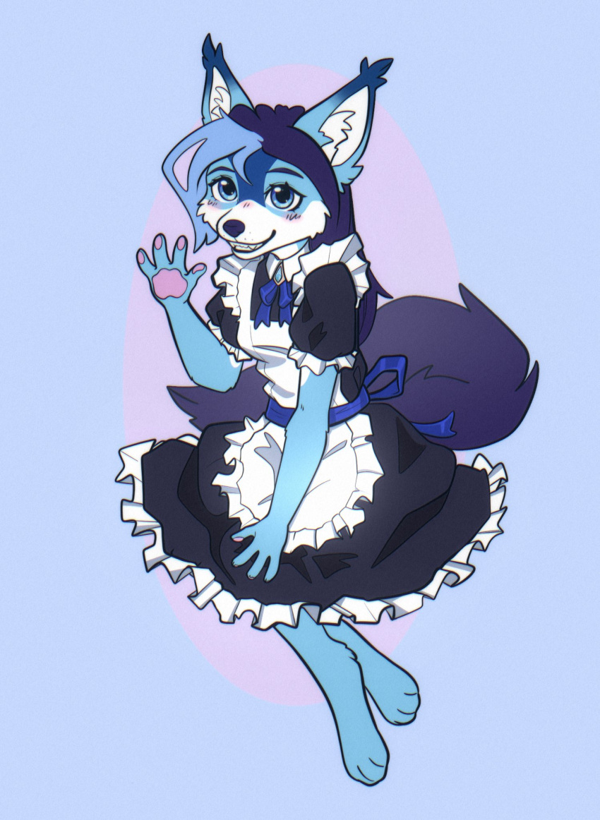 2024 4_fingers anthro blue_eyes blue_hair blush clothed clothing digital_drawing_(artwork) digital_media_(artwork) ear_tuft female fingers fully_clothed gesture grin hair hi_res maid_uniform pawpads pink_pawpads simple_background smile solo tuft uniform waving yshanii