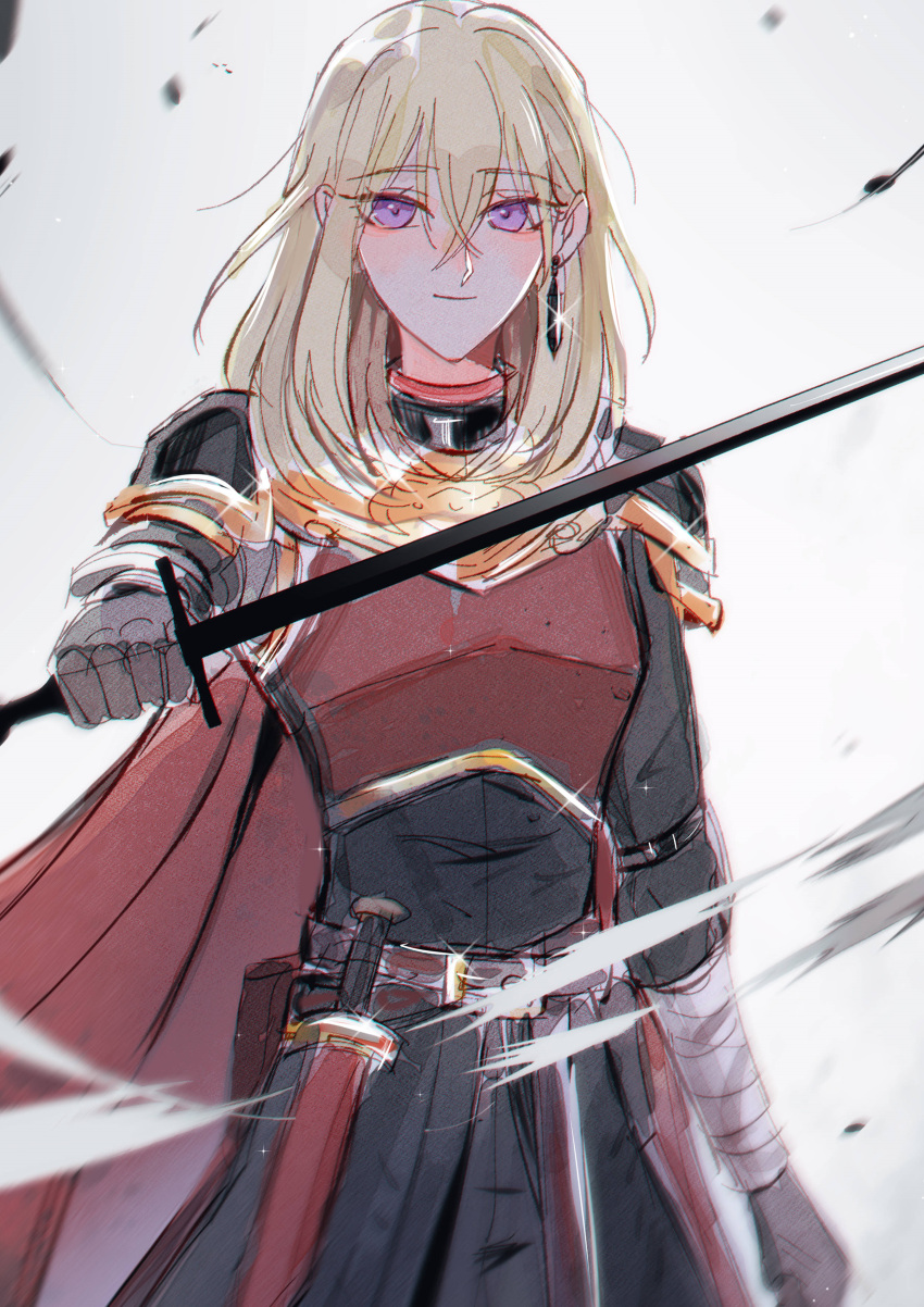 1girl absurdres armor bang_dream! bang_dream!_it's_mygo!!!!! belt black_jacket blonde_hair breastplate closed_mouth commentary cowboy_shot dagger earrings gloves grey_background grey_gloves hair_behind_ear highres holding holding_sword holding_weapon jacket jewelry knife long_hair looking_at_viewer maybecrosswise misumi_uika purple_eyes smile solo sword weapon