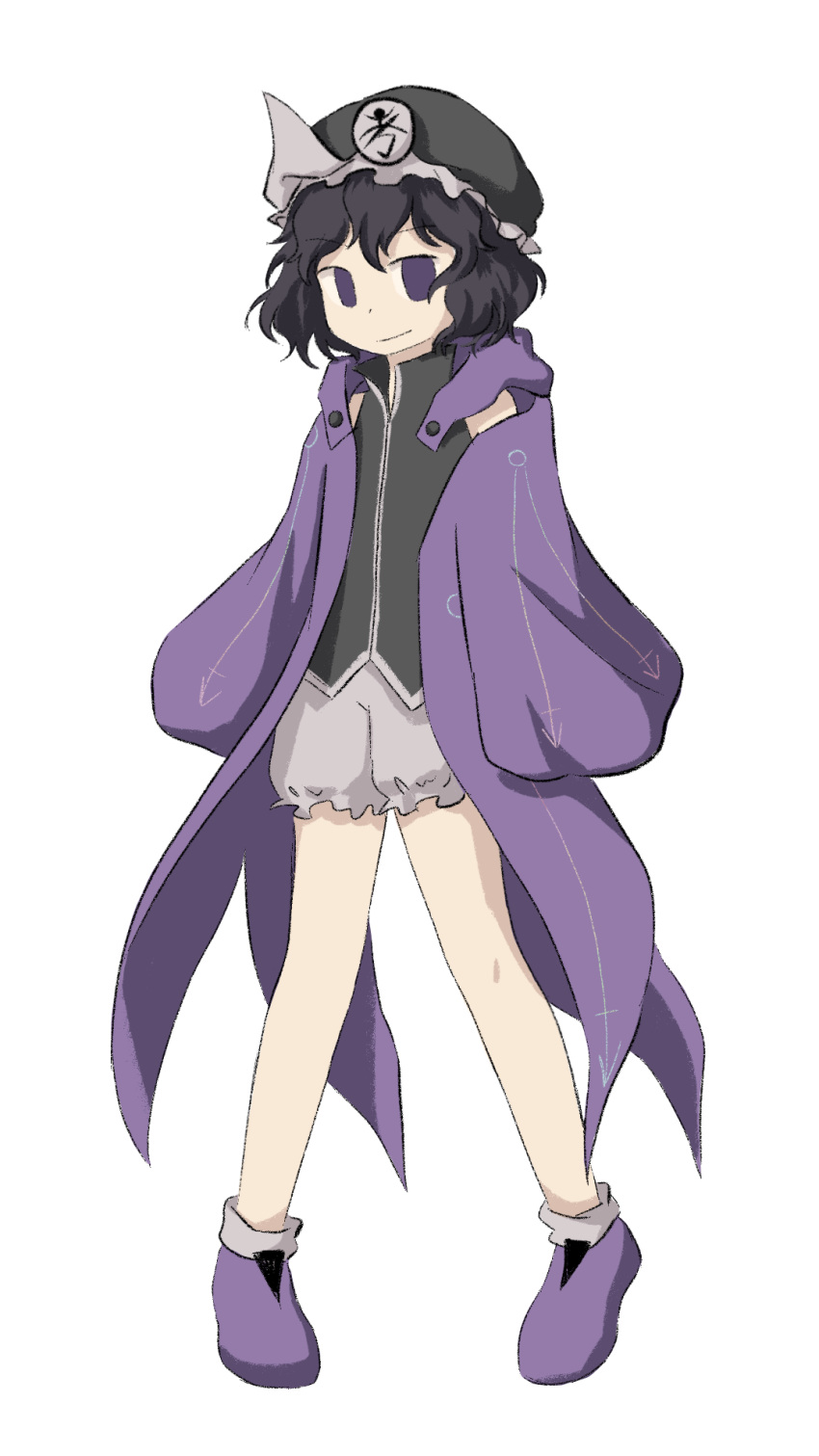 1other androgynous baila_kuangzi black_hair black_hat black_shirt chinese_commentary coat commentary_request frilled_hat frilled_shorts frills full_body hat highres len'en long_sleeves open_clothes open_coat other_focus purple_coat purple_eyes purple_footwear shirt shitodo_kuroji short_hair shorts simple_background sleeveless sleeveless_shirt sleeves_past_wrists socks triangular_headpiece white_background white_shorts white_socks wide_sleeves