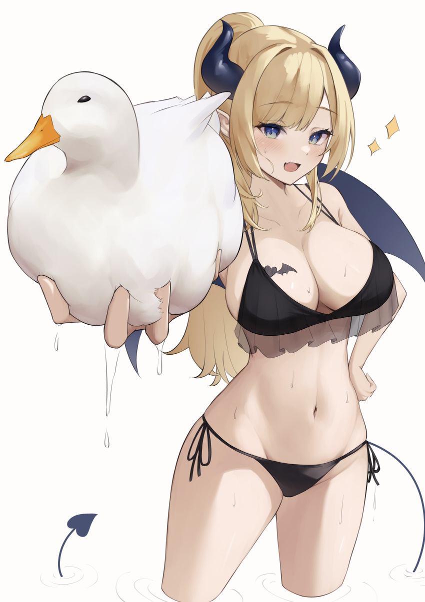 1girl :d absurdres animal bikini bird black_bikini blonde_hair blue_eyes breast_tattoo breasts cleavage collarbone commentary_request demon_girl demon_horns demon_tail demon_wings duck fang frilled_bikini_top halterneck hand_on_own_hip highres holding holding_animal hololive horns knees_out_of_frame large_breasts long_hair looking_at_viewer multi-strapped_bikini_top navel nekorone0222 official_alternate_costume pointy_ears ponytail side-tie_bikini_bottom simple_background skin_fang smile solo standing swept_bangs swimsuit tail tattoo virtual_youtuber wading white_background winged_heart_tattoo wings yuzuki_choco yuzuki_choco_(hololive_summer_2019)