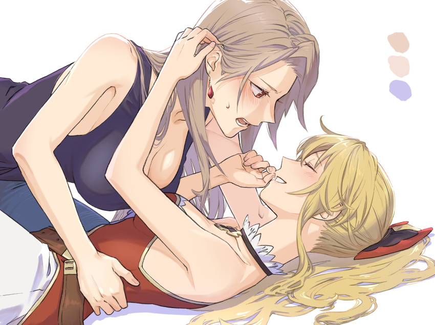 2girls bare_shoulders black_bow blonde_hair blush bow breasts brown_hair choker cleavage collarbone couple dress earrings gem granblue_fantasy hair_bow high_ponytail highres jewelry katalina_(granblue_fantasy) lace lace_choker large_breasts long_hair looking_at_another medium_breasts miso-ha_(ukyuu) multiple_girls open_mouth ponytail red_bow red_eyes red_gemstone smile straight_hair strapless strapless_dress two-tone_bow vira_(granblue_fantasy) yuri