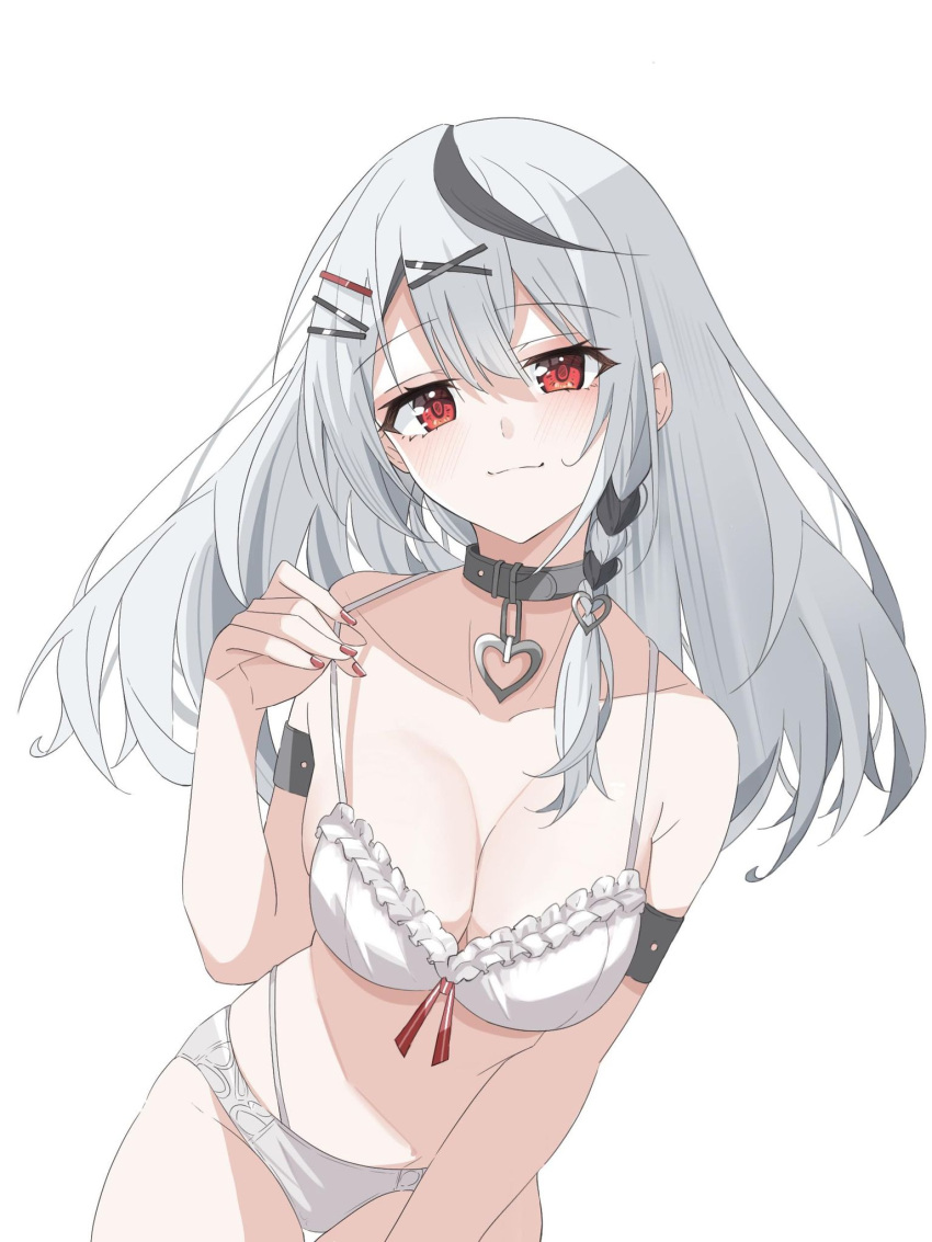 1girl belt_collar black_hair bra braid breasts collar collarbone cowboy_shot dreamoon greyscale hair_ornament hairclip highres hololive large_breasts leaning_to_the_side long_hair monochrome multicolored_hair panties red_eyes sakamata_chloe side_braid simple_background smile solo two-tone_hair underwear virtual_youtuber white_background white_bra white_panties