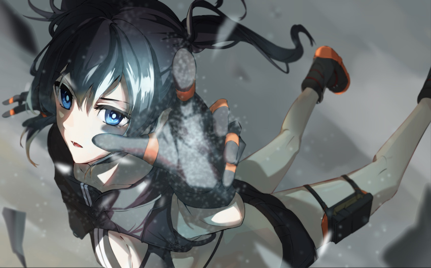 1girl bikini black_footwear black_gloves black_hair black_rock_shooter black_rock_shooter:_dawn_fall black_rock_shooter_(character) black_shorts blue_eyes blurry boots breasts bright_pupils cleavage commentary_request depth_of_field falling fingerless_gloves gloves grey_background grey_sky hair_between_eyes highres long_hair looking_at_viewer open_hand open_mouth orange_footwear pouch reaching reaching_towards_viewer shorts shozakana sky small_breasts solo swimsuit thigh_pouch twintails two-tone_footwear white_pupils