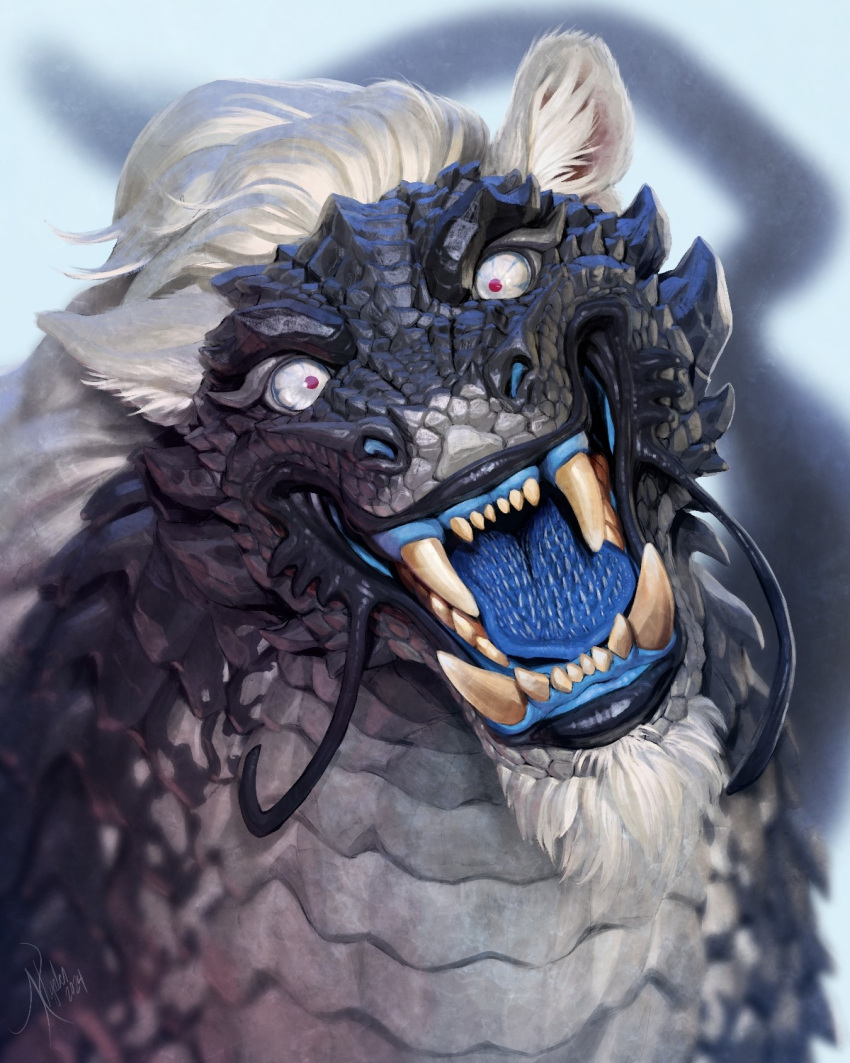 4:5 ambiguous_gender blue_tongue dragon facial_hair fangs feral front_view goatee grey_body grey_scales hi_res khyaber looking_at_viewer mane mythological_creature mythological_scalie mythology open_mouth pupils purple_pupils scales scalie solo tan_teeth teeth tongue white_body white_eyes white_mane white_scales