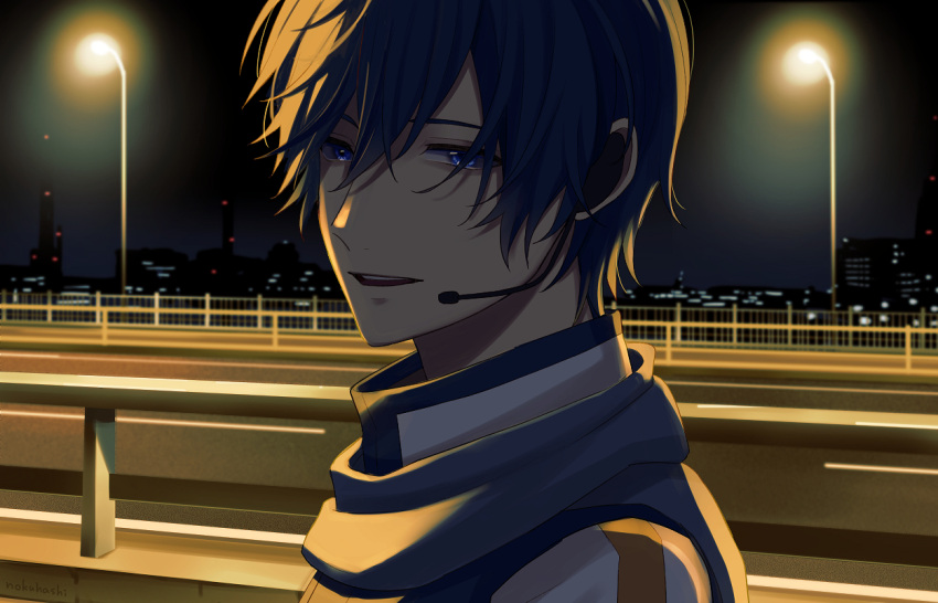 1boy backlighting blue_eyes blue_hair city_lights cityscape coat hair_between_eyes kaito_(vocaloid) lamppost looking_at_viewer male_focus mouthpiece night night_sky nokuhashi open_mouth outdoors portrait railing road scarf short_hair sky smile solo teeth upper_teeth_only vocaloid