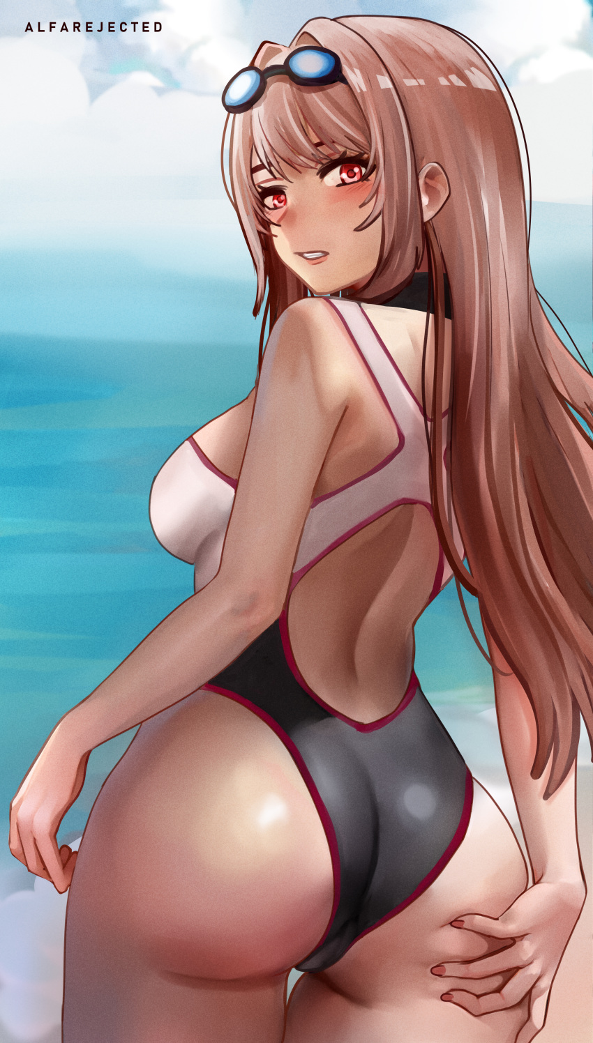 absurdres alfarejected artist_name ass beach black_one-piece_swimsuit blush breasts day from_behind goddess_of_victory:_nikke goggles goggles_on_head highres looking_at_viewer medium_breasts ocean one-piece_swimsuit outdoors rapi_(classic_vacation)_(nikke) rapi_(nikke) sand swimsuit thighs two-tone_swimsuit water white_one-piece_swimsuit