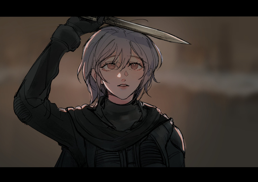 1girl black_bodysuit blurry blurry_background bodysuit brown_eyes commentary dagger dune_(series) english_commentary highres holding holding_dagger holding_knife holding_weapon knife letterboxed looking_at_object maybecrosswise original parted_lips purple_hair solo upper_body weapon
