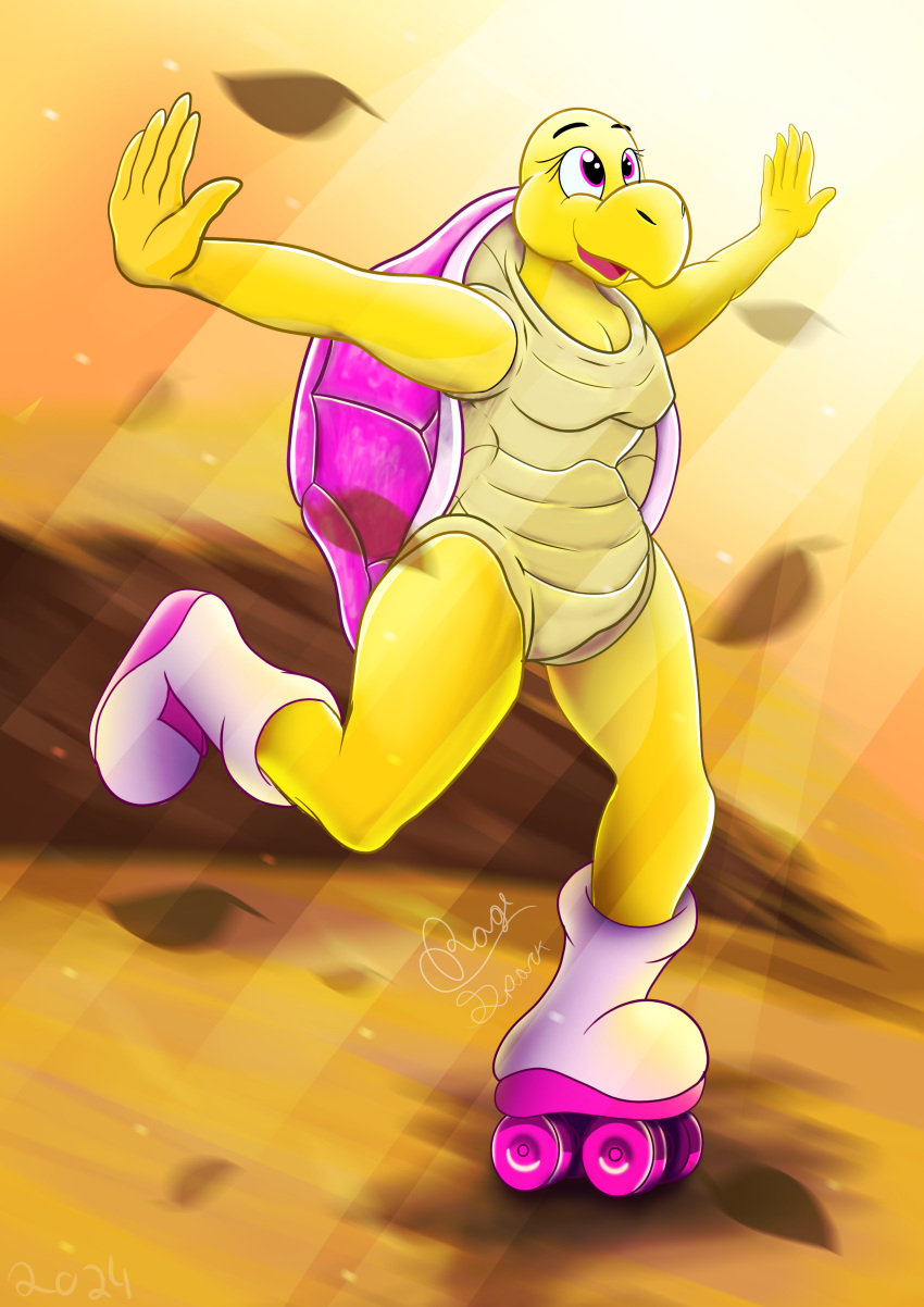 absurd_res anthro big_boots bright clothing colored digital_drawing_(artwork) digital_media_(artwork) female female/female happy hi_res invalid_tag koopa koopa_troopa light light_beam mario_bros moving nintendo pink pink_shell rage_spark raised_arms reptile rolla_koopa roller_skates scalie shaded shell smile solo spread_arms sunbeam sunlight sunset tight_clothing turtle