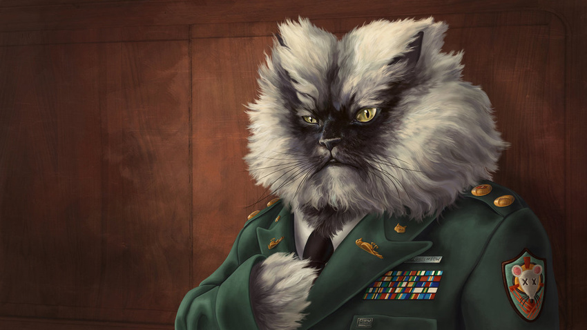 army badge black_nose cat chronoperates clothing colonel_meow feline looking_at_viewer male mammal meme military mouse necktie rodent soldier standing unamused uniform whiskers yellow_eyes