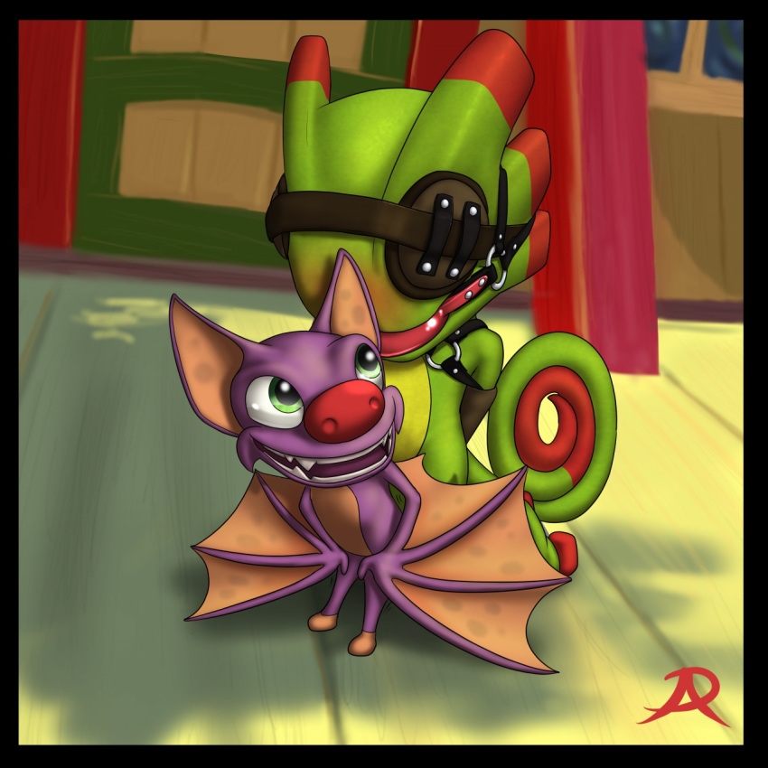 anthro ball_gag bat bdsm blindfold bondage bound chameleon dominatrix duo gag laylee leather lizard mammal playtonic_games radasus reptile scalie size_difference small_dom_big_sub teasing yooka yooka-laylee