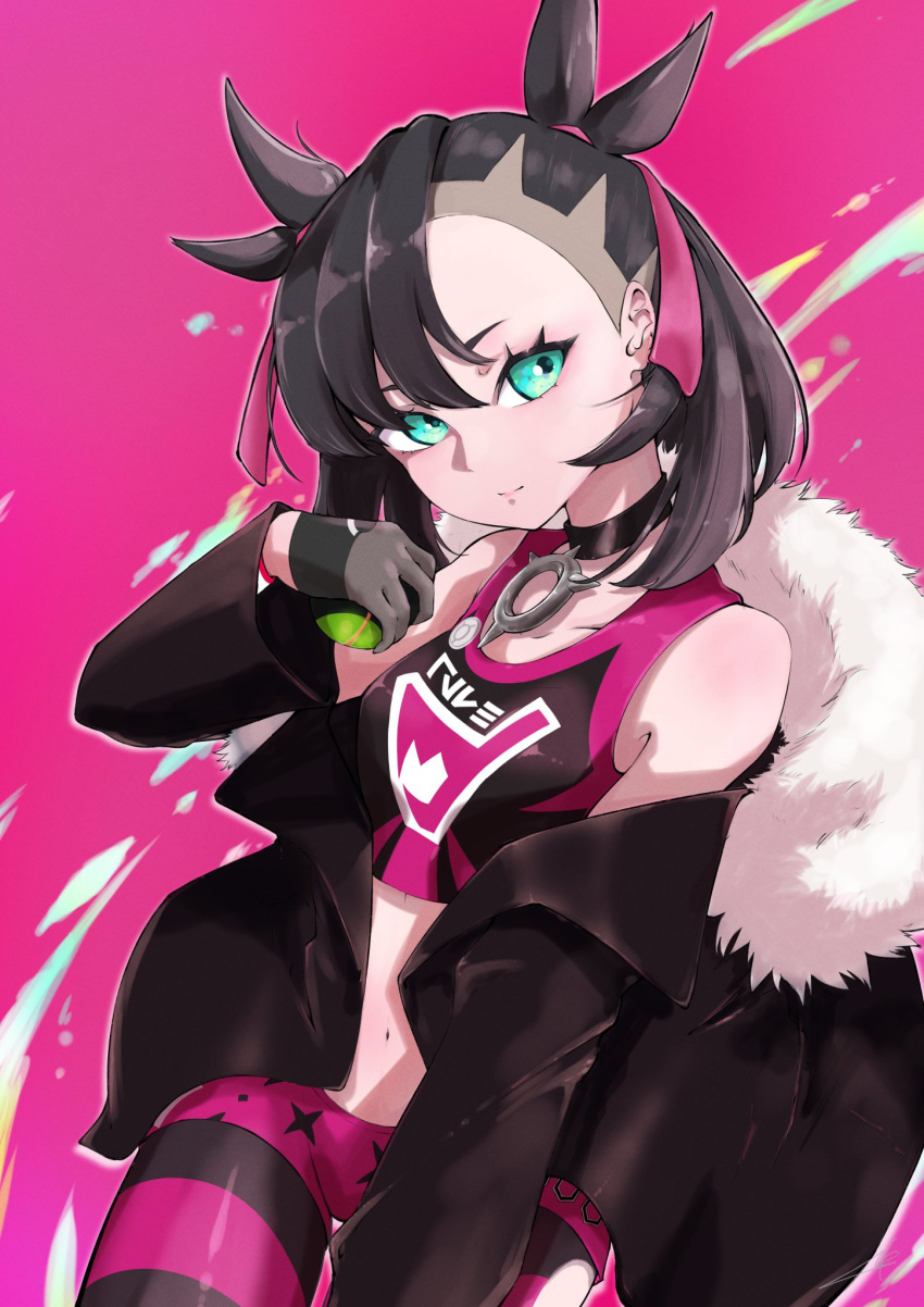 1girl closed_mouth collar collarbone cropped_shirt dusk_ball eyelashes gloves green_eyes hair_ribbon hand_up head_tilt highres holding holding_poke_ball jacket leggings long_sleeves marnie_(pokemon) navel pink_background pink_ribbon poke_ball pokemon pokemon_swsh ribbon shirt shizuki_(xrha5228) sleeveless sleeveless_shirt smile solo