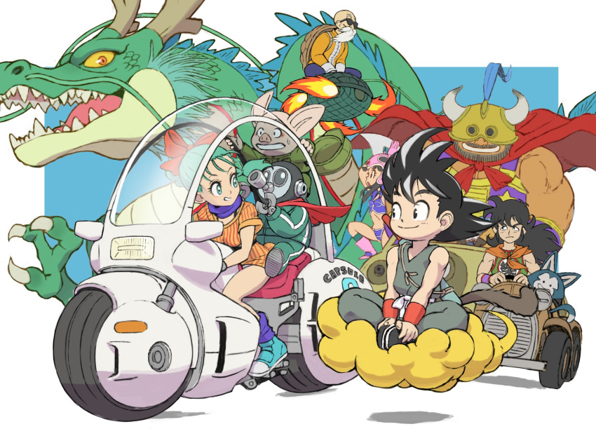 2girls 6+boys armor beard bikini_armor black_hair blue_armor bow bulma cape car cat chi-chi_(dragon_ball) colored_sclera colored_skin dragon dragon_ball dragon_ball_(classic) dress driving eastern_dragon facial_hair flying_nimbus gas_mask green_eyes green_hair green_jacket green_skin gyuu_mao hair_bow highres horns jacket long_hair looking_at_viewer looking_back mask medium_hair monkey_tail motor_vehicle motorcycle multiple_boys multiple_girls muscular muscular_male muten_roushi oolong orange_dress pig pink_helmet pink_skin puar red_cape red_dress red_eyes robot ruyi_jingu_bang shenron_(dragon_ball) simple_background smile son_goku spiked_hair tail two-tone_dress urasato yellow_sclera