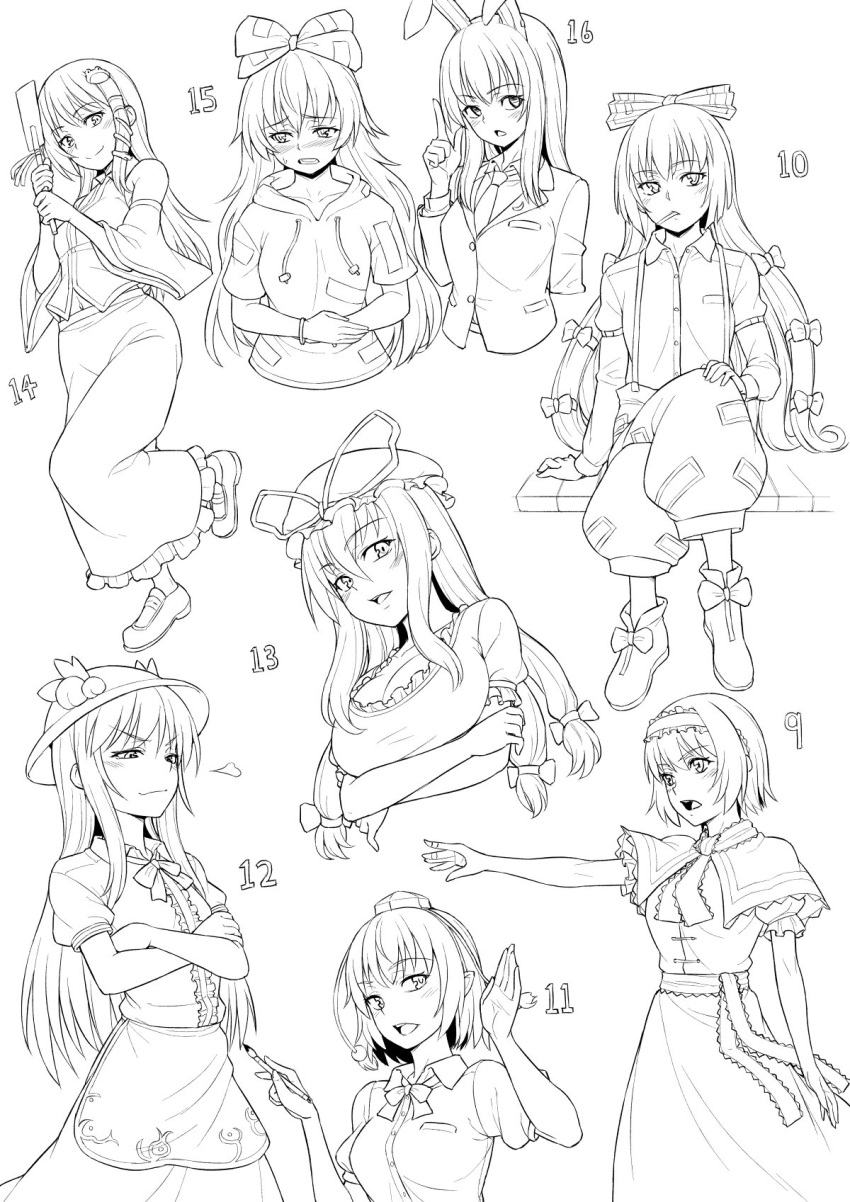 6+girls alice_margatroid animal_ears blush bow bowtie breasts buttons capelet cleavage collared_shirt commentary_request crossed_arms drawstring dress frilled_hairband frills frog_hair_ornament fujiwara_no_mokou gohei hair_bow hair_ornament hairband hat hat_ribbon high_contrast highres hinanawi_tenshi holding holding_paintbrush index_finger_raised kakone kochiya_sanae large_breasts long_hair long_sleeves looking_at_viewer looking_to_the_side mob_cap monochrome multiple_girls necktie open_mouth paintbrush pants peach_hat_ornament rabbit_ears rabbit_girl reisen_udongein_inaba ribbon shameimaru_aya shirt short_hair short_sleeves sidelocks simple_background sitting snake_hair_ornament suspenders tokin_hat touhou yakumo_yukari yorigami_shion