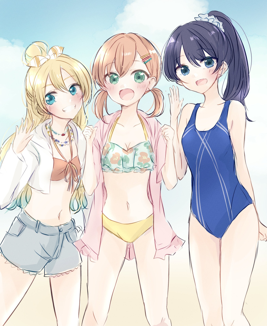 3girls :d absurdres ba_ra_ran bikini bikini_top_only blonde_hair blue_eyes blue_hair blue_one-piece_swimsuit blue_shorts blue_sky blush bow breasts cleavage clenched_hands competition_school_swimsuit cropped_jacket crossed_bangs double-parted_bangs floral_print frilled_bikini frills front-tie_bikini_top front-tie_top gradient_hair green_eyes grin hair_bow hair_bun hair_ornament hair_scrunchie hairclip high_ponytail highres hinoshita_kaho jacket jacket_over_swimsuit jewelry link!_like!_love_live! long_hair long_sleeves looking_at_viewer love_live! low_twintails medium_breasts medium_hair mismatched_bikini multicolored_hair multiple_girls murano_sayaka navel necklace official_alternate_costume one-piece_swimsuit open_mouth orange_bikini orange_hair osawa_rurino pink_jacket print_bikini school_swimsuit scrunchie short_sleeves shorts single_hair_bun sky smile striped_bow swimsuit twintails vertical-striped_bow waving white_jacket
