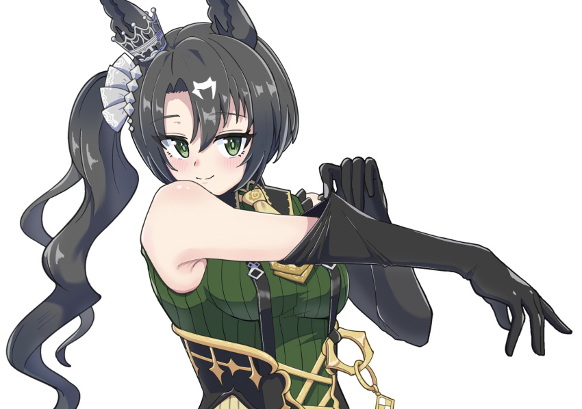 1girl animal_ears armpits bare_shoulders black_hair elbow_gloves gloves green_eyes green_sweater hair_between_eyes highres horse_ears horse_girl hu-min_(okok6341) long_hair looking_at_viewer multicolored_hair necktie ribbed_sweater satono_crown_(umamusume) side_ponytail simple_background sleeveless sleeveless_sweater smile solo streaked_hair suspenders sweater umamusume upper_body white_background white_hair yellow_necktie