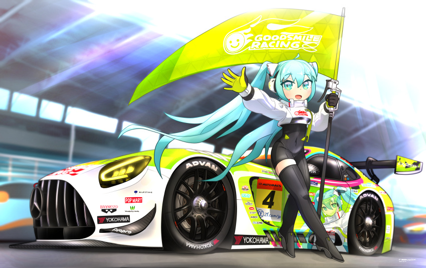 1girl advan black_bodysuit black_footwear black_gloves blue_eyes blue_hair blush bodysuit boots breasts car covered_navel cropped_jacket enkei flag gloves goodsmile_racing green_gloves hatsune_miku highres holding holding_flag itasha jacket long_hair medium_breasts mercedes-benz mercedes-benz_amg_gt motor_vehicle open_mouth piapro race_queen race_vehicle racecar racing_miku racing_miku_(2022) reatbox shadow single_thigh_boot solo spoiler_(automobile) sponsor super_gt thigh_boots twintails two-tone_gloves vehicle_focus very_long_hair vocaloid waving white_jacket yokohama_tire