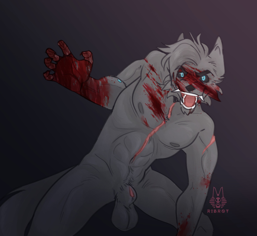 animal_genitalia anthro balls black_sclera blood blood_on_chest blood_on_face blood_on_hand bodily_fluids canid canine canine_genitalia canis clawed_fingers cybernetic_limb cybernetics cyborg digital_media_(artwork) fox fully_sheathed furrowed_brow genitals gore hybrid looking_at_viewer machine male mammal matvai_cross nipples nude open_mouth ribr0t scar sheath simple_background snarling solo teeth wolf