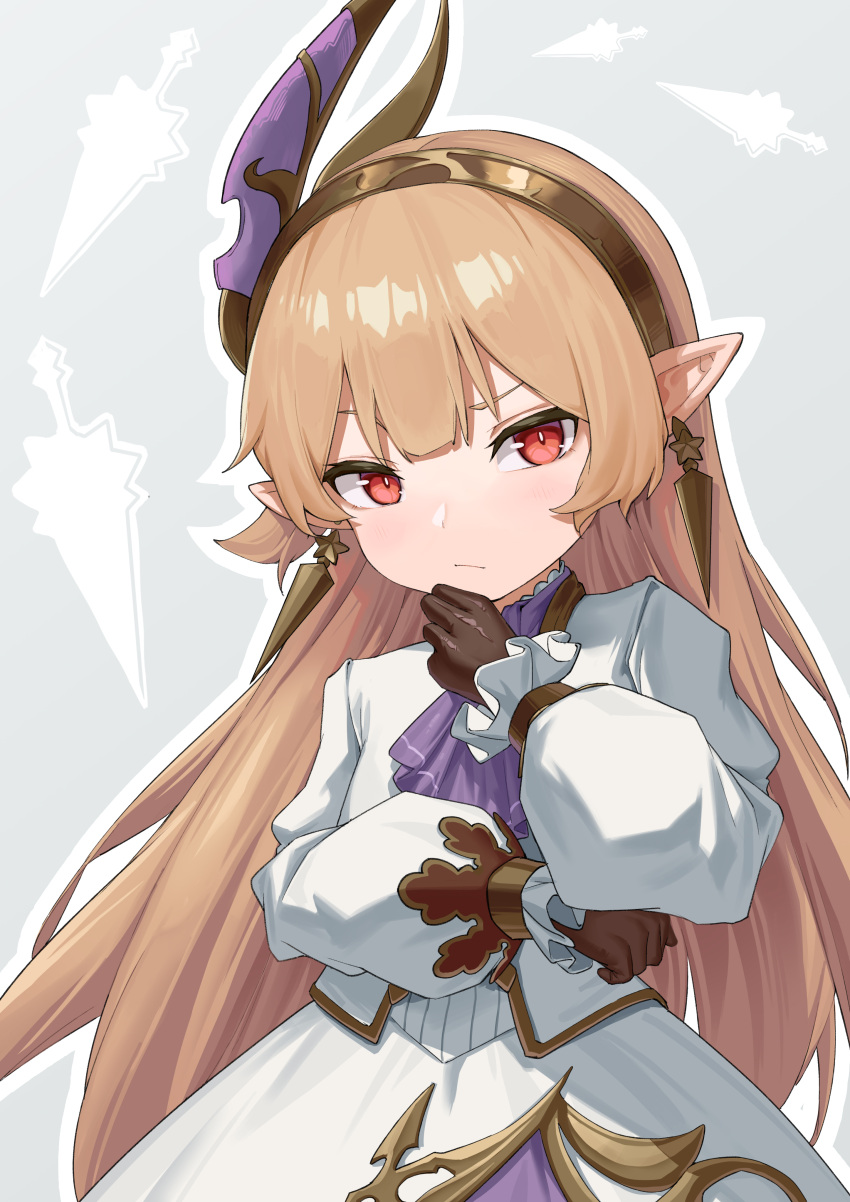 1girl absurdres ascot blush brown_gloves brown_hair brown_hairband dress earrings furrowed_brow gloves granblue_fantasy granblue_fantasy:_relink grey_background hair_ornament hairband hand_on_own_face harvin highres jewelry kasgero long_hair long_sleeves looking_at_viewer maglielle_(granblue_fantasy:_relink) petite pointy_ears purple_ascot raised_eyebrows red_eyes simple_background sword thinking very_long_hair weapon white_dress