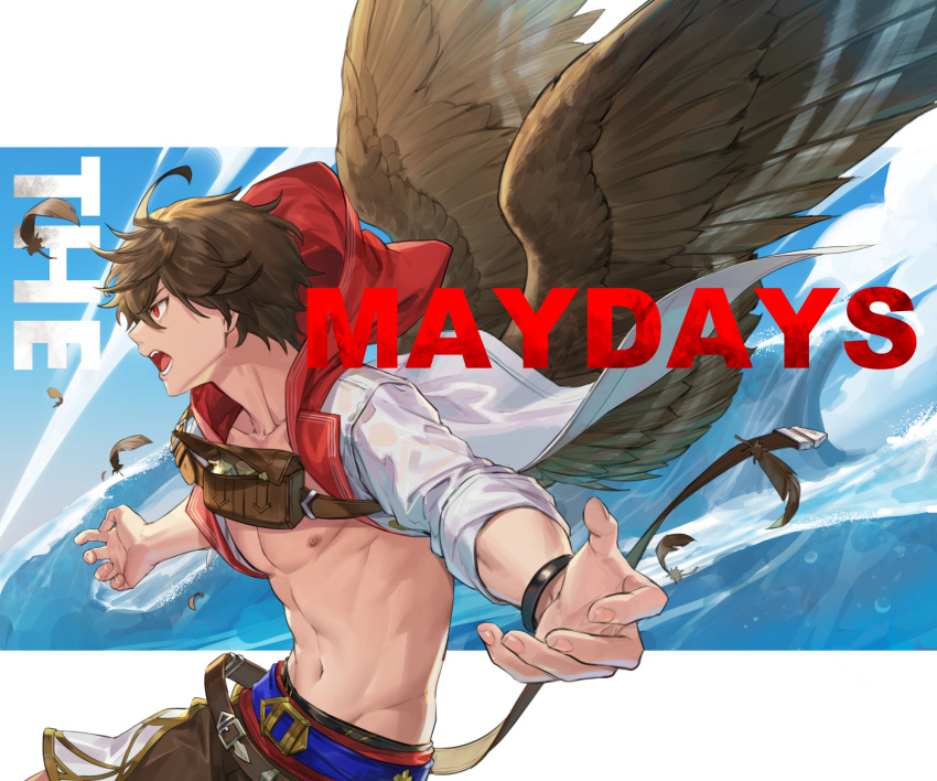 1boy abs ahoge air_bubble belt bishounen bracelet brown_hair brown_wings bubble cloud cloudy_sky commentary commentary_request cowboy_shot english_text falling_feathers fanny_pack feathers from_side granblue_fantasy groin hair_between_eyes highres hood hood_down jewelry messy_hair midriff nipples ocean open_mouth outstretched_arms red_eyes sandalphon_(granblue_fantasy) short_hair sky solo_focus tki upper_body water_drop waves wings