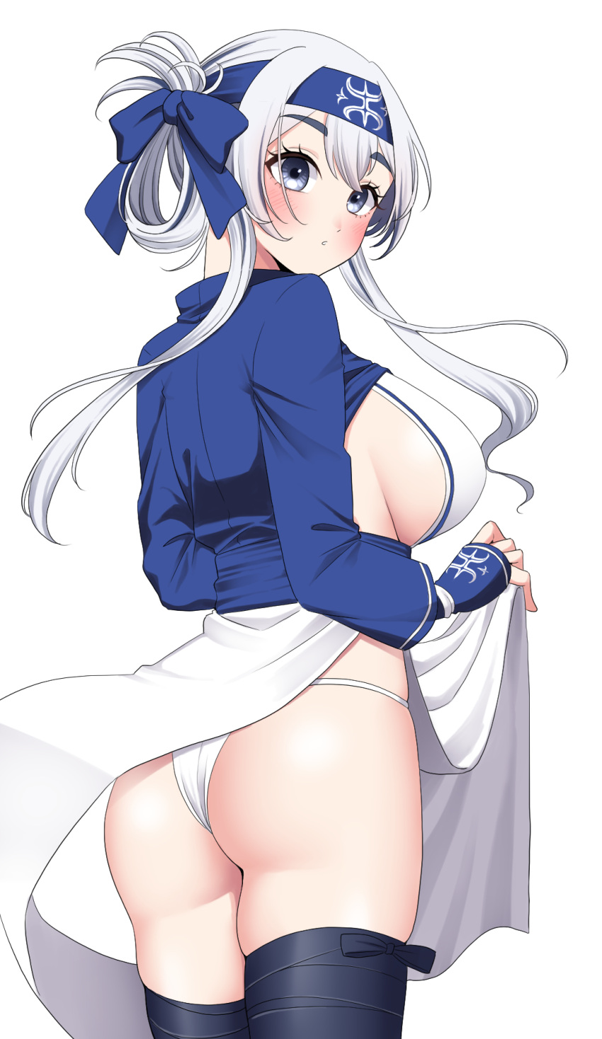 1girl ainu_clothes ass bandana blue_eyes blush bow breasts cropped_jacket dress folded_ponytail hair_between_eyes hair_bow headband highres kamoi_(kancolle) kantai_collection large_breasts long_hair long_sleeves looking_at_viewer sideboob sidelocks solo thick_eyebrows thighhighs thong white_background white_hair wrist_guards yomogi_dango