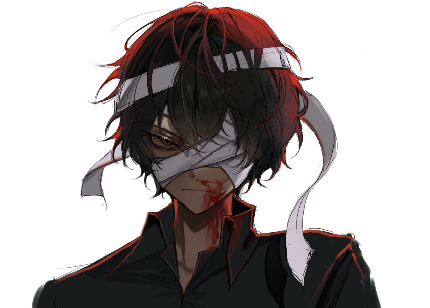 1boy absurdres bandage_over_one_eye bandaid bandaid_on_face black_eyes black_hair black_shirt blood blood_on_face bungou_stray_dogs closed_mouth dazai_osamu_(bungou_stray_dogs) expressionless hair_between_eyes highres looking_at_viewer mafia male_focus shirt short_hair simple_background solo white_background ya_ta