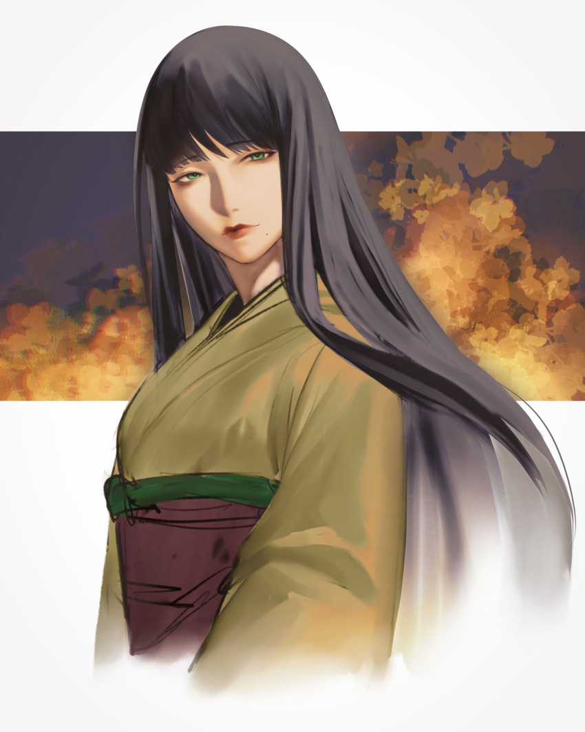 1girl absurdres black_hair cropped_torso expressionless final_fantasy final_fantasy_xiv from_side green_eyes green_kimono highres hyur japanese_clothes kimono long_hair looking_at_viewer mole mole_under_mouth non-web_source obi obiage sash simple_background solo straight_hair upper_body white_background yotsuyu_goe_brutus zhaoyang2002