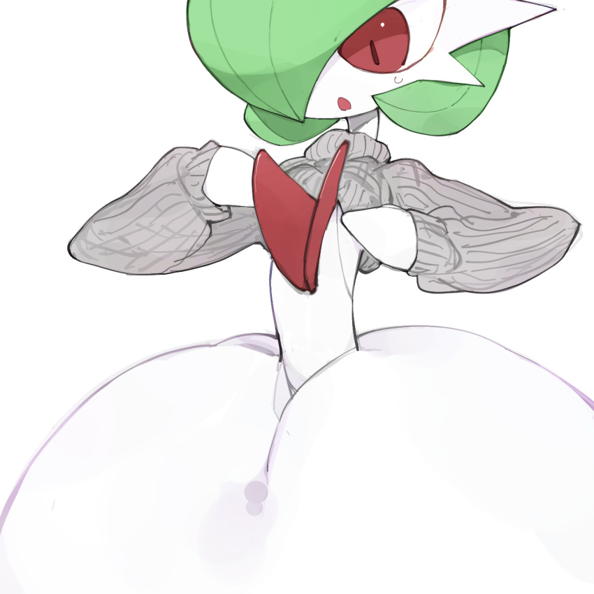 bob_cut colored_skin dress dressing gardevoir hair_over_one_eye highres mega_gardevoir open_mouth pink_eyes pokemon pokemon_(creature) simple_background strapless strapless_dress sweatdrop sweater white_background white_dress white_skin youjo_modoki