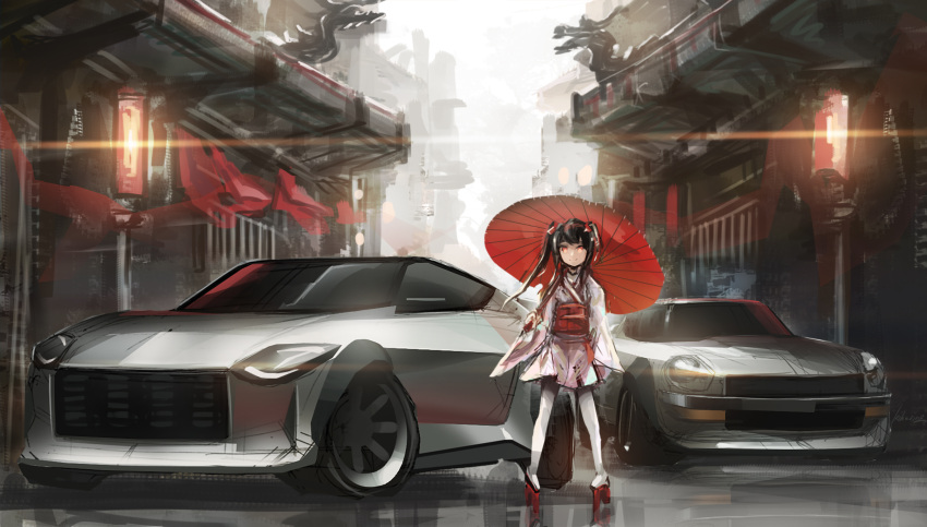 1girl architecture black_hair car datsun datsun_240z east_asian_architecture highres holding holding_umbrella japanese_clothes kihuzinz kimono long_hair looking_at_viewer motor_vehicle nissan nissan_fairlady_z nissan_z_(rz34) obi original pantyhose pink_kimono platform_footwear red_eyes red_footwear sandals sash sketch smile solo twintails umbrella vehicle_focus white_pantyhose