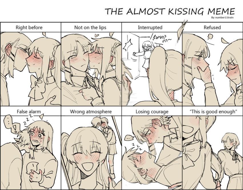 ! ... 3girls absurdres ahoge almost_kissing_meme_(meme) asymmetrical_hair blush bocchi_the_rock! bow bowtie caught closed_eyes collared_shirt commentary covering_another's_mouth ear_blush english_commentary english_text hair_down hair_ornament hairclip half-closed_eyes hand_over_another's_mouth heart highres holding_hands ijichi_nijika imminent_kiss kiss kissing_cheek kita_ikuyo limited_palette long_hair looking_at_another meme multiple_girls neck_ribbon nervous_sweating one_side_up open_door open_mouth parted_lips ribbon school_uniform selfie shimokitazawa_high_school_uniform shirt shirt_grab short_hair side_ponytail smile spoken_ellipsis spoken_exclamation_mark sweat thai_text translation_request walk-in yamada_ryo yogurt_pt yuri zzz
