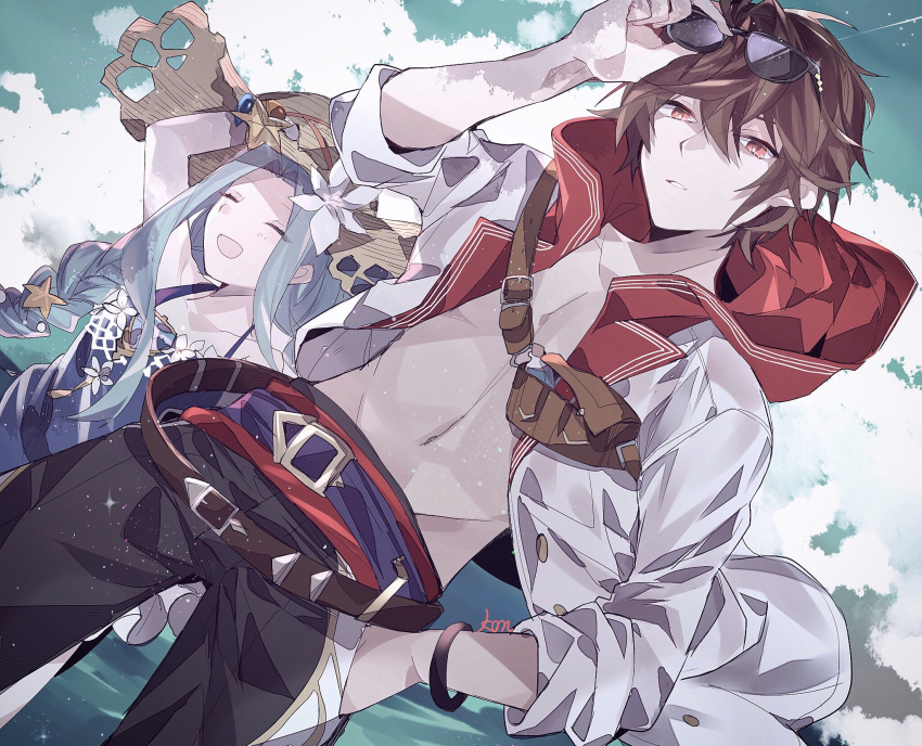 adjusting_eyewear ahoge belt blue_dress bracelet braid brown_hair closed_eyes cloud cloudy_sky commentary commentary_request cowboy_shot dress eyewear_on_head granblue_fantasy groin hair_between_eyes hand_in_pocket hat highres hood hood_down jacket jewelry long_hair looking_at_viewer lyria_(granblue_fantasy) messy_hair midriff misato_karuha open_mouth parted_lips pectorals red_eyes sandalphon_(granblue_fantasy) short_hair sky smile sun_hat sundress twin_braids white_jacket