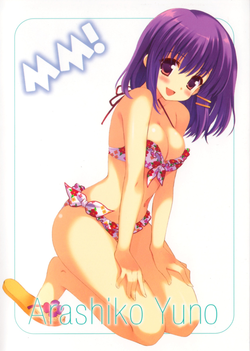 1girl :d absurdres bare_shoulders bikini blush breasts character_name cleavage collarbone copyright_name dengeki_hime feet female fingernails floral_print flower front-tie_top full_body hair_ornament hairclip hands hands_on_thighs happy highres kneeling legs looking_at_viewer mm! navel official_art open_mouth purple_eyes purple_hair qp:flapper resized ribbon sakura_koharu sandals scan short_hair simple_background slippers smile solo strapless strapless_bikini swimsuit text toes white_background yuuno_arashiko