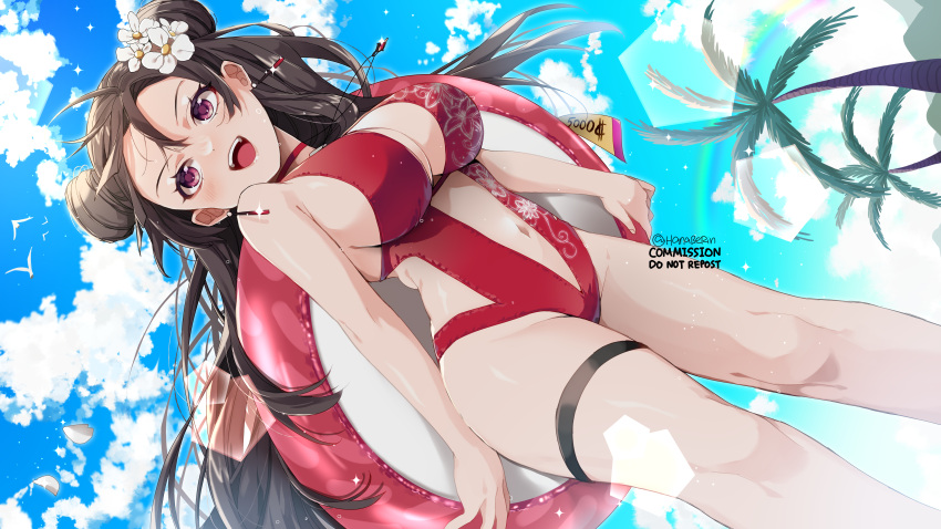 1girl absurdres blue_sky breasts brown_hair center_opening cleavage cloud cloudy_sky double_bun dutch_angle flower goddess_of_victory:_nikke hair_bun hair_flower hair_ornament hanaberin highres innertube jewelry large_breasts long_hair one-piece_swimsuit open_mouth palm_tree pendant purple_eyes red_one-piece_swimsuit sideboob sky smile solo swim_ring swimsuit thigh_strap tree yan_(nikke)
