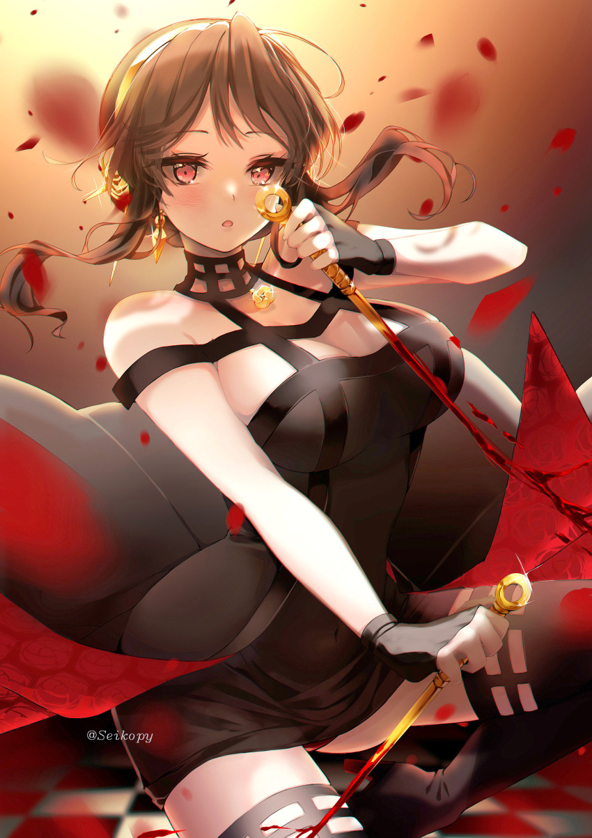 1girl :o absurdres bare_shoulders black_dress black_gloves black_hair blood breasts checkered_floor cleavage dagger dress earrings falling_petals fingerless_gloves floral_print gloves gold_hairband gold_necklace hair_ornament hairband highres holding holding_weapon jewelry knife large_breasts looking_at_viewer necklace petals red_eyes red_petals short_hair_with_long_locks sidelocks solo spy_x_family stiletto_(weapon) timelessheaven twitter_username two-sided_dress two-sided_fabric weapon yor_briar