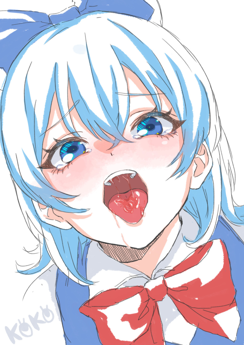 0002koko 1girl absurdres artist_name blue_bow blue_dress blue_eyes blue_hair blush bow cirno collared_shirt commentary_request dress furrowed_brow hair_bow highres long_hair looking_at_viewer neck_ribbon open_mouth red_ribbon ribbon saliva sexually_suggestive shirt simple_background solo tears teeth tongue tongue_out touhou upper_body upper_teeth_only white_background white_shirt
