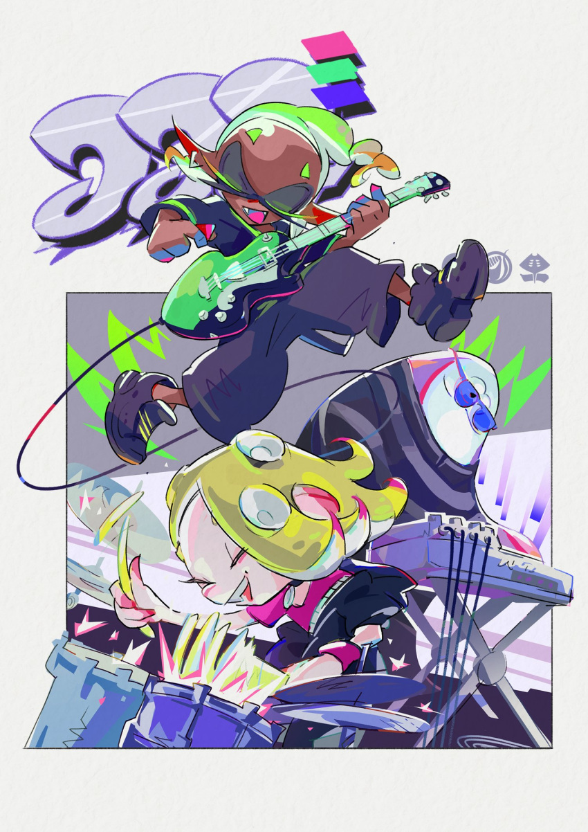 2024 5_fingers batoid big_man_(splatoon) biped black_bottomwear black_clothing black_footwear black_markings black_topwear bottomwear cephalopod clothed clothing cymbals deep_cut_(splatoon) digital_media_(artwork) drum drumming_stick ear_piercing electric_guitar eye_markings eyebrows eyelashes eyes_closed eyewear female feral fingers fish footwear frye_(splatoon) fully_clothed group guitar happy hi_res holding_musical_instrument holding_object inkling keyboard_instrument male manta_ray marine markings mollusk mouth_closed multicolored_body musical_instrument nintendo octarian octoling official_art open_mouth open_smile percussion_instrument percussion_mallet piercing playing_music plucked_string_instrument pose pseudo_hair semi-anthro shaded shiver_(splatoon) smile splatoon string_instrument sunglasses teeth tentacle_hair tentacles topwear trio unknown_artist